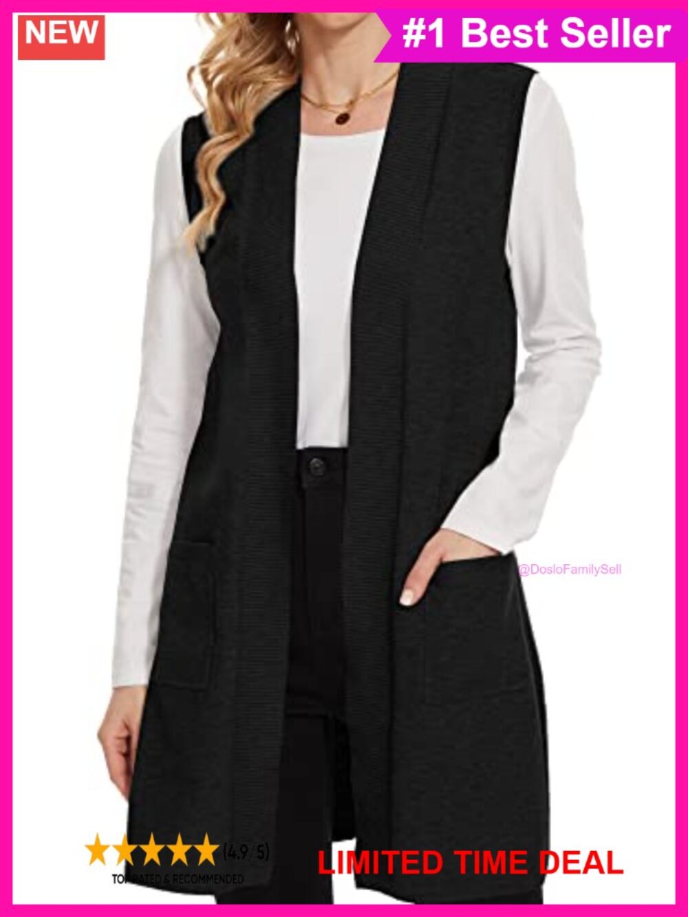 Sleeveless Long Cardigan Sweater Vest Open Front Pockets Layer